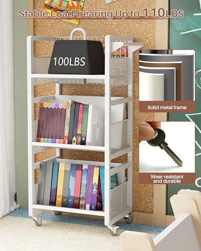 UMDONX Heavy Duty Double-Sided Book Cart - White, 3 Shelves, Supports 50kg