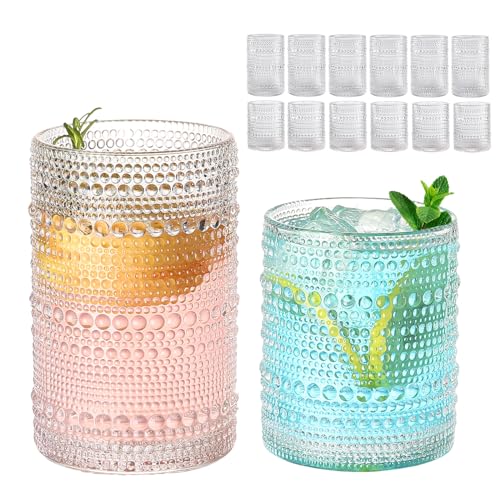 ZMOWIPDL Set of 12 Clear Hobnail Glass Drinking Cups 12oz & 15oz with Straws