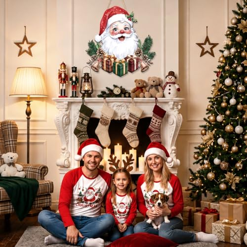 Christmas Wooden Santa Door Sign Hanging Decor - Festive Xmas Wreath