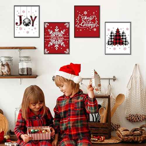 BESERH Red Christmas Wall Decor, Joy Christmas Buffalo Plaid Trees Snowflakes Posters Wall Art Prints, Christmas Pictures Wall Decor, Christmas Wall Decorations, 8x10 Inches Set of 4 Unframed