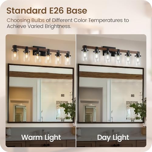 GOEBLESON 6-Light Bathroom Vanity Light Fixture with Glass Shades, Rustic Black & Brown