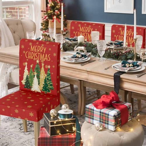 Horaldaily Red Christmas Pine Tree Star Chair Covers 8PCS - Holiday Home Decor