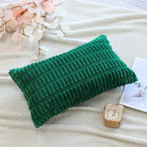 OTOSTAR Corduroy Decorative Throw Pillow Covers 16x24 Inch Super Soft Boho Striped Rectangle Pillow Covers Case Modern Cushion Covers for Sofa Couch Bedroom Car Decor Christmas Green