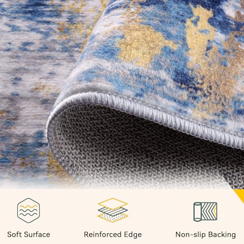 Washable Abstract Area Rug 8x10 ft for Living Room - Blue & Gold, Non-Slip