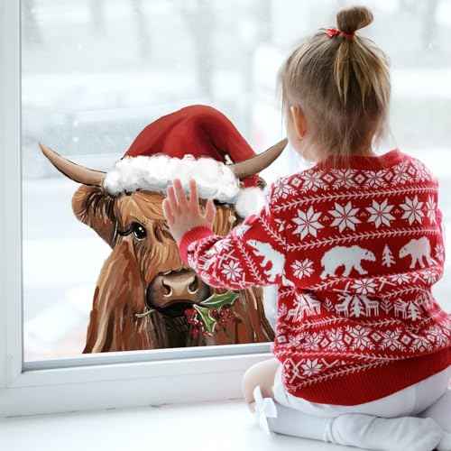 Christmas Window Clings Highland Cow Window Stickers Double-Side Glass Decals for Winter Xmas Farmhouse Home Party Supplies, 11.4 x 14.6 Inch, 4 Sheets