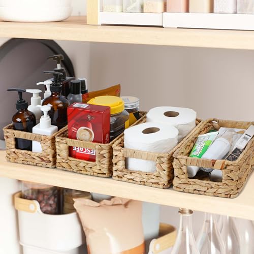 Water Hyacinth Wicker Storage Baskets - Small 4 Pack, 10" Long, Decorative for Shelves & Countertops