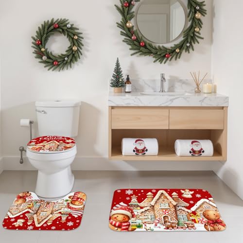Christmas Shower Curtain Set with Gingerbread Design, Non-Slip Bath Rugs & Toilet Lid Cover - 4 Pieces