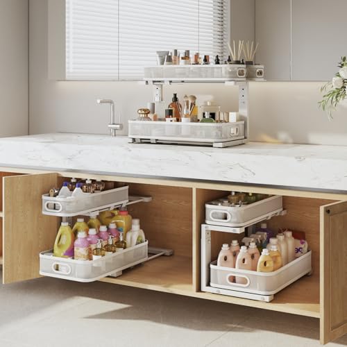 Biboraya 2 Pack Under Sink Organizer White - 19.3-inch Depth, 2-Tier Pull-Out Storage, Height Adjustable, Rust-Resistant Kitchen & Bathroom Cabinet Organizer
