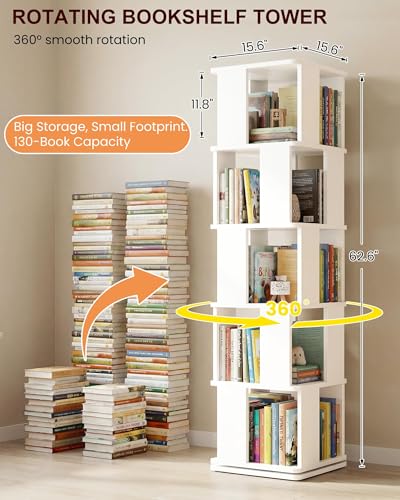 White 5-Tier Rotating Bookshelf Tower, 360° Spinning Book Shelf