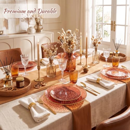 Amber Plastic Plates Set - Clear Gold Rim, Heavy Duty Disposable Party Plates with Hammered Design - Clear Amber Gold Variation