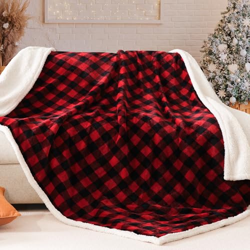 BEAUTEX Christmas Sherpa Fleece Throw Blanket 50x60 Buffalo Plaid, Red