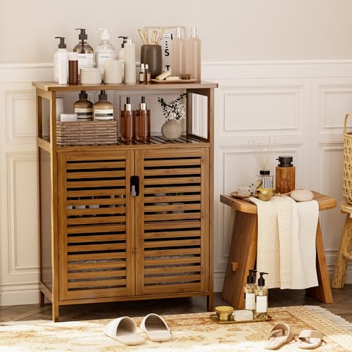 Bathroom Storage Cabinet Bamboo Floor Cabinet with Double Doors and Open Shelf - Walnut Variation