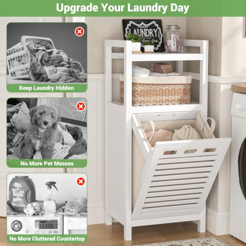 Homykic White Bamboo Tilt-Out Laundry Hamper Cabinet with Removable Bag