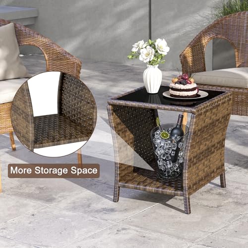 Outdoor Wicker Side Table, Rattan End Glass Top,Patio Garden