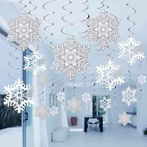 Ouddy Life 51 Pcs Christmas Snowflake Swirl Hanging Decorations, White Silver Snowflake Ornaments Decorations for Christmas New Year Holiday Winter Wonderland Frozen Theme Birthday Party Decorations