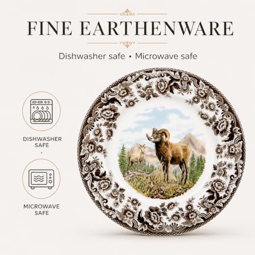 Spode Woodland Bighorn Sheep Salad Plate 8" - British Flowers Border, Rustic Game Animal, Made in England