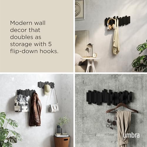 Umbra Sticks Wall Mount Coat Rack Black, 5 Flip-Down Hooks - Modern Home Organizer