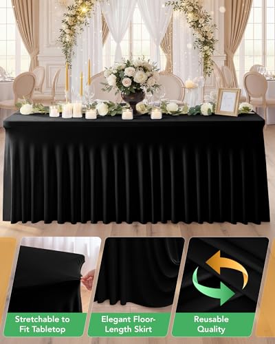 6 Ft Black Spandex Table Cover Skirt Set - 4 Pack, Floor-Length Ruffle, Rectangular