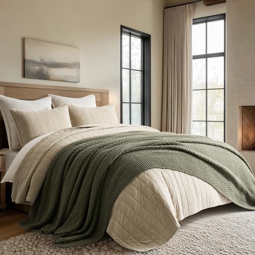 EverGrace Olive Green Chunky Chenille Knit Throw Blanket 90x90 Inches