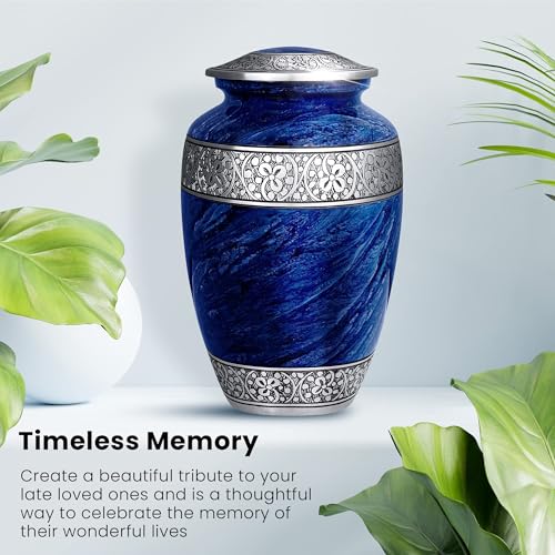 Blue Adult Cremation Urn - Large Memorial Funeral Burial Vase, 200 Cubic Inches