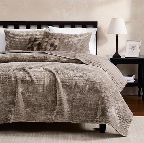 Velvet California King Quilt Set - Oversized Brown Taupe Striped Bedspread with Pillow Shams