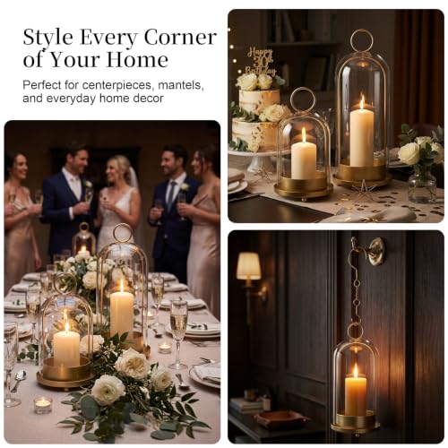 Gold Hurricane Glass Candle Holders Set of 2 - Metal Lanterns with Handmade Glass Domes