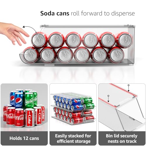 Sorbus 4 Pack Soda Can Organizer for Fridge & Freezer, Stackable with Lid, Clear Plastic