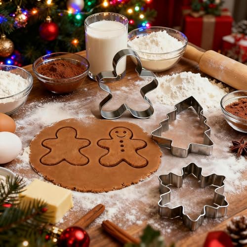 Christmas Cookie Cutters Large - 5 Pieces - Gingerbread Man, Christmas Tree, Snowflake, Snowman, Candy Cane Shapes, Stainless Steel Biscuit Cutter Molds Set for Winter Holiday Baking