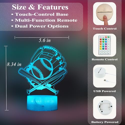 Baseball Night Light, Baseball Player Gifts, 3D Illusion Lamp with 16 Colors Changing, Remote Control with Timer, Dim Function, Birthday Xmas Holiday Gift for Boys and Girls
