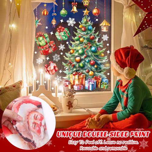 DERAYEE Christmas Window Clings 4 Sheets - Extra Large Double-Sided Santa, Snowman & Tree Decals