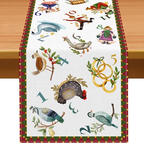 12 Days of Christmas Table Runner - Holiday Xmas Decor with Golden Rings & Doves