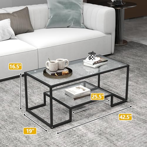 42.5 x 19.5 Inch Rectangular Glass Coffee Table - Black, Modern Home Accent