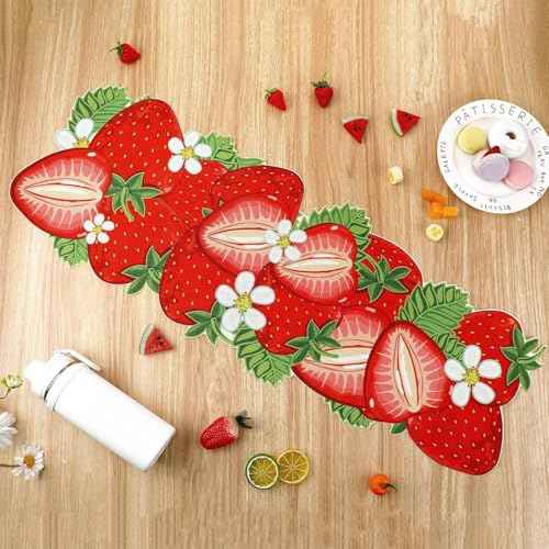 13 x 36 Inch Strawberry Table Runner Fruit Theme Table Centerpiece Baby Shower Kitchen Dining Party Supplies for Strawberry Birthday Decorations