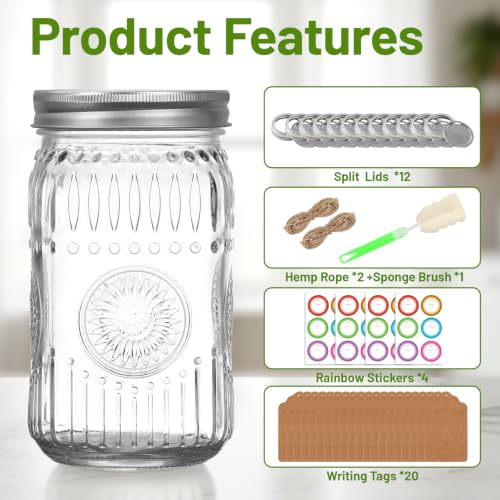 Clear 32oz Wide Mouth Mason Jars 12 Pack with Tags & Twine - Vintage Style