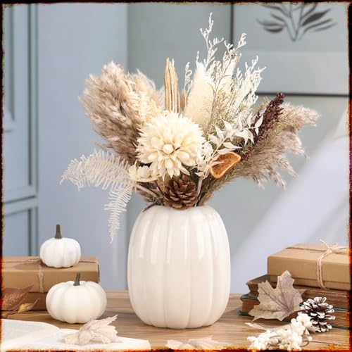 Minimalist White Ceramic Pumpkin Vase - 6.7 Inch Fall Decor, Utensil Holder