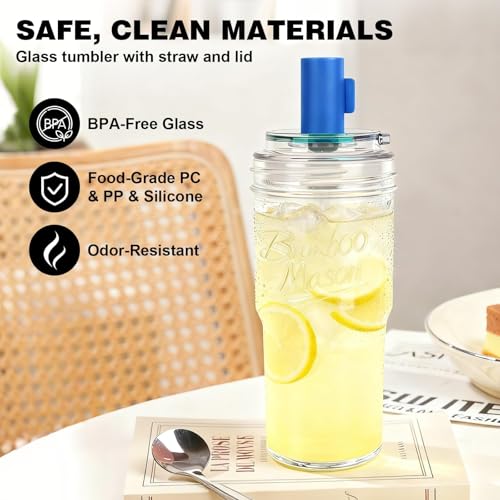 Glass Mason Jar Coffee Cup with Colorful Lids & Silicone Straws - 24oz Leakproof Tumbler Set - Reusable Eco-Friendly Drinkware for Iced Coffee & Matcha - 4 Pack