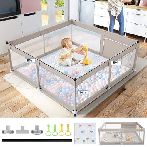Baby Playpen with Mat - 59x59in Safety Play Yard for Toddlers, Grey