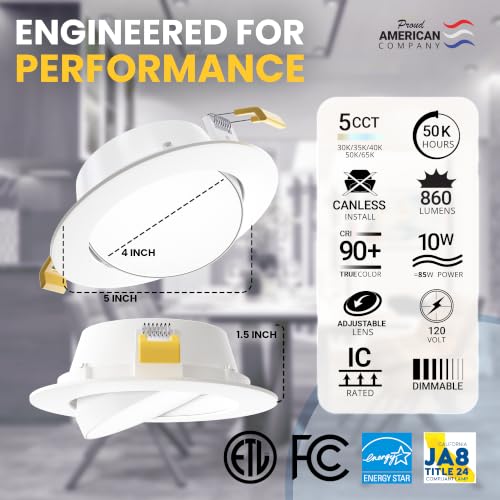 NUWATT Airtight 4 Inch Gimbal LED Recessed Lights, 2700K-5000K, ETL,