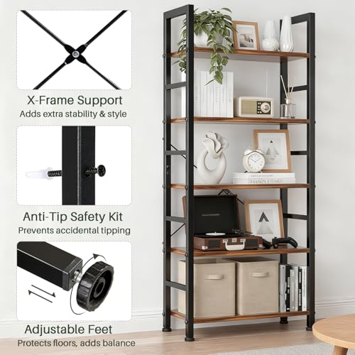 5 Tier Bookshelf, Free Standing Bookcase with Open Storage Shelves