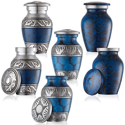 Mini Cremation Urns Set of 6 - Blue & Silver Keepsake with Velvet Case