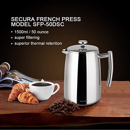50-Ounce French Press Coffee Maker Stainless Steel Insulated with Extra Screen