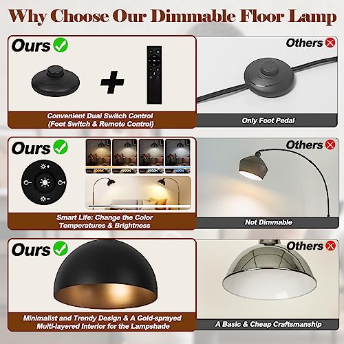 VenzBlomia Black Dimmable Arc Floor Lamp with Remote Control & 2700-6000K LED Bulb