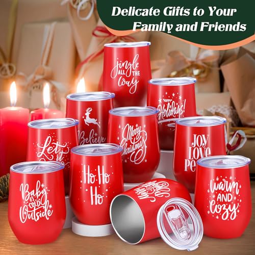 Uiifan 10 Pack 12oz Christmas Stainless Steel Tumbler Set with Lids & Straws - Red