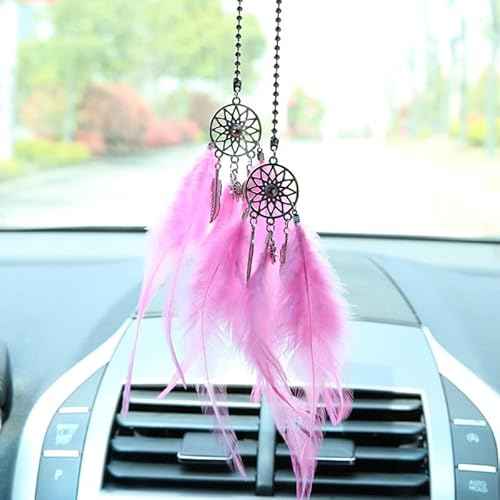 Dream Catcher car Interior Rearview Hanging Decor car Decorations for Women Feather Boho Hanging Decorations(Pink)