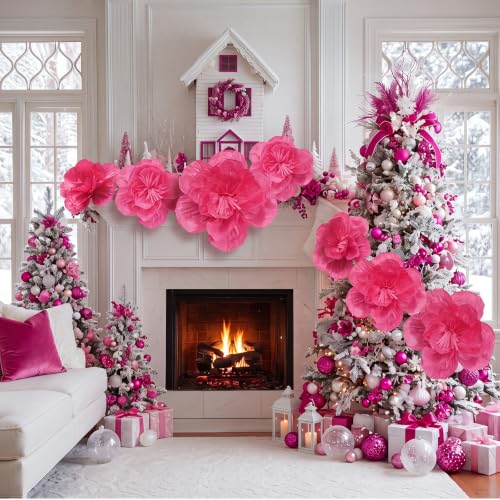 Giegxin 28 Pcs Christmas Tissue Paper Flowers 14/10/6 inch Rose Red Set (6,10,14 in) - Giant Paper Pom Poms