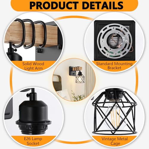 Dimmable Wall Sconces Set of Two with Rotary Switch, Black Farmhouse Bathroom & Bedroom Light Fixtures