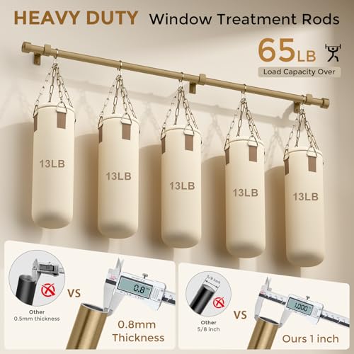 Wolistsa Heavy Duty Antique Brass Curtain Rod 36-184 Inch Warm Gold - Single Pack, Adjustable & Seamless