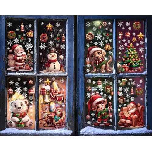 12 Sheets 171 Pcs Big Size Christmas Window Clings - Santa, Reindeer, Dog & Cat Window Stickers & Decals for Home, School, Office & Party Supplies