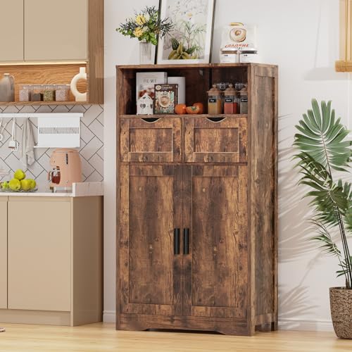 Iwell Rustic Brown Bathroom Storage Cabinet with 2 Drawers and Adjustable Shelves
