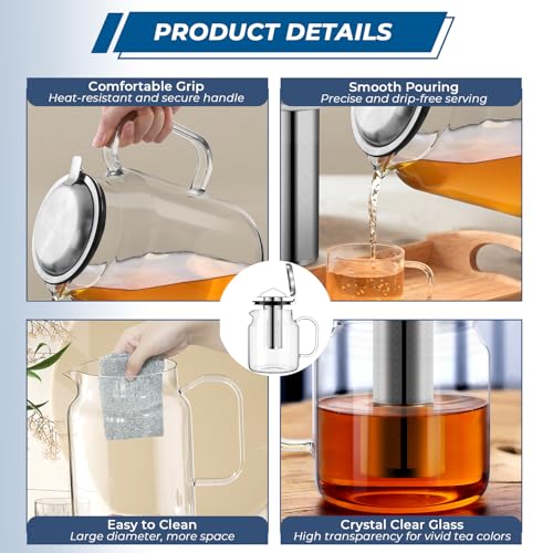 Aquach 85oz Glass Teapot with Infuser - Stovetop Safe Borosilicate Tea Kettle - Large Capacity